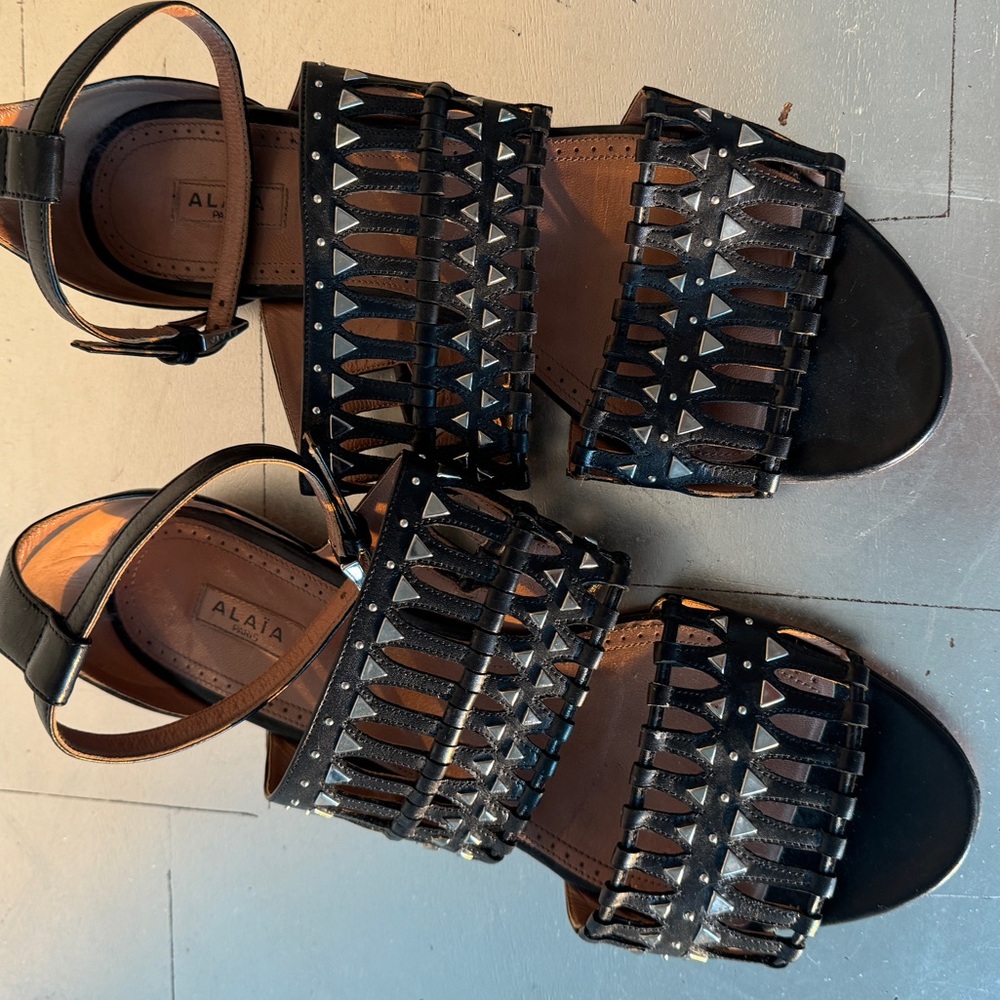 Azzedine Alaia Black Leather and Silver Stud Gladiator Sandals